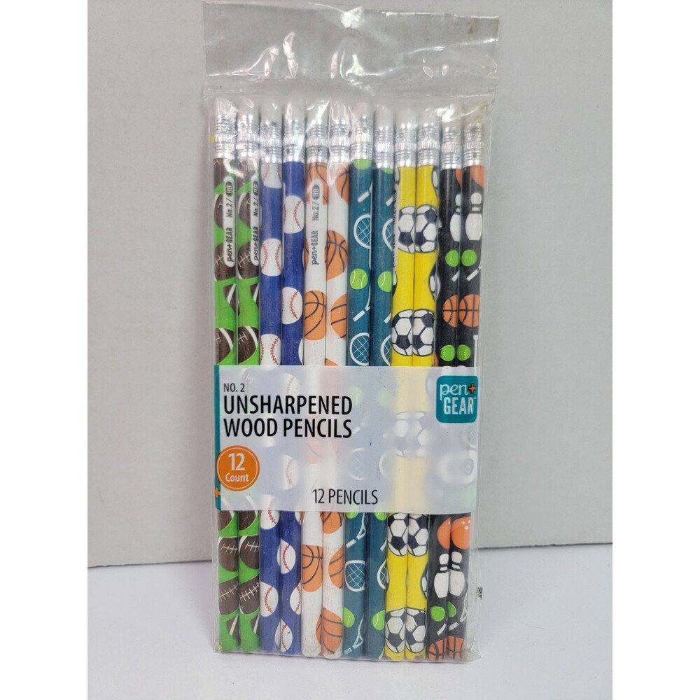 Pen+Gear No. 2 Unsharpened Wood Pencils 12 Count Sports Theme New Sealed
